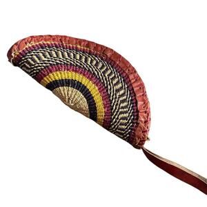 Boho Straw Clutch Leather Trim Zipper Wristlet Strap Unique Half-Moon Shape